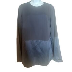 Brunello Cucinelli Silk Navy Blue Long Sleeve Contrast Panel Tunic Top Blouse L